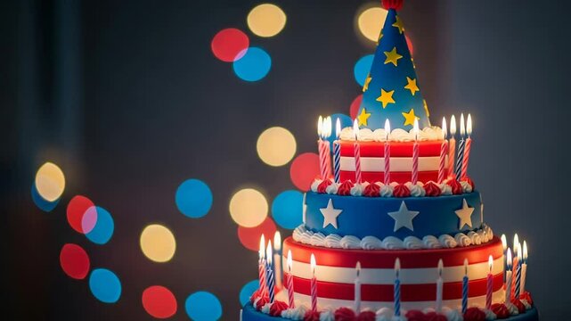 A festive multitiered birthday cake decorated with american flag colors and lit candles