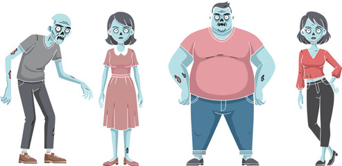 Cartoon style zombie characters group, undead people illustration, scary Halloween creatures in modern clothing, creepy infected walking dead concept