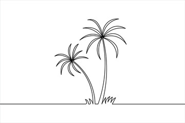 Fototapeta premium Simple black and white continuous line drawing of two palm trees on a tropical island