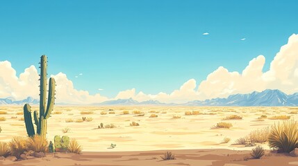 A vibrant desert landscape under a clear blue sky, featuring a tall cactus and distant mountains.  Sparse vegetation dots the sandy terrain