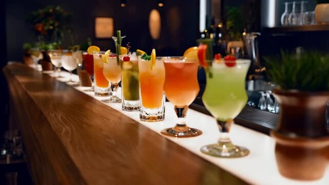 Colorful cocktails line a bar countertop