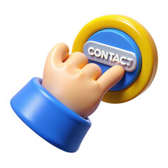 3d cartoon hand pressing contact button isolated on transparent background