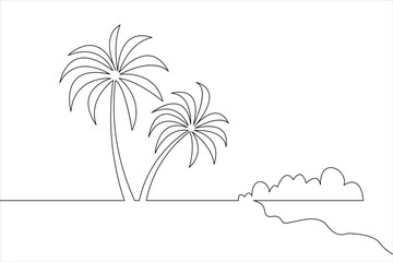 Minimalist line drawing of tropical palm trees and ocean beach with calm scenery