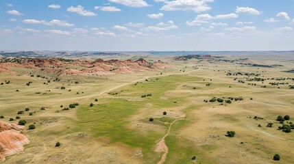 Fototapeta premium Expansive aerial view of a vast, arid landscape with rolling hills, sparse vegetation, and a dirt road cutting through