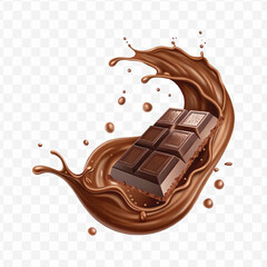 realistic 3d chocolate fluid splash flow with drops, bubbles  in curve style isolated on transparent background