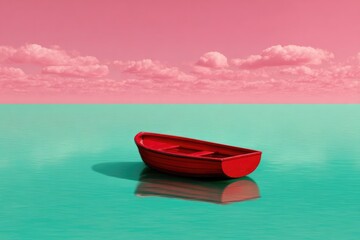 Bright red boat gently floats in surreal turquoise water under p