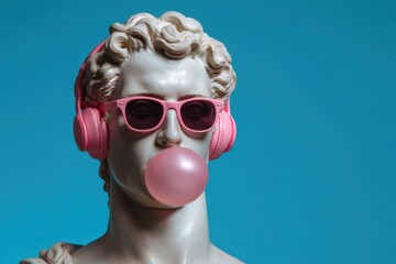 Stylish statue with pink headphones and bubble gum, blending cla