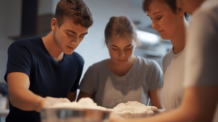 Teenagers collaborate in baking by measuring flour in a modern kitchen during an afternoon activity