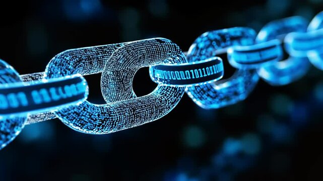 Futuristic digital chain links glowing with binary code against a blurred tech-inspired background