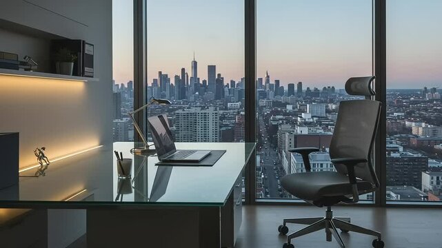 Modern office workspace with city skyline at sunset - Powered by Adobe