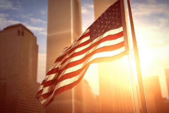 Waving flag against glowing Twin Towers symbolizes unity and res