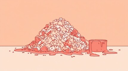 A large mound of mixed food, possibly a mishmash of ingredients, spills onto a surface.  A small container of a viscous substance rests beside it