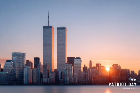 Skyline featuring Twin Towers at sunrise, symbolizing resilience