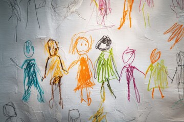 Colorful children's drawing depicting diverse stick figures hold