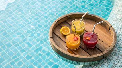 Wooden tray with fruit drinks floating in turquoise swimming pool