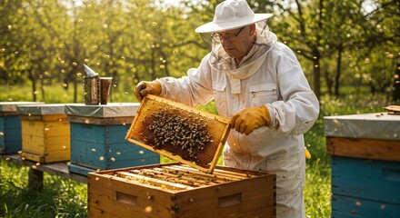 Man beekeeper in protective suit holds frame with honeybees swarm working on honeycomb in apiary. Natural organic honey production business concept.