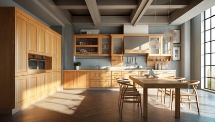 Trendy open-plan kitchen with wood accents, modern appliances, and clean lines throughout.