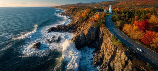Photorealistic autumn coastal scene with crashing waves, cliffside road, glowing lighthouse, and vibrant fall foliage under golden sunlight, capturing nature’s beauty and resilience