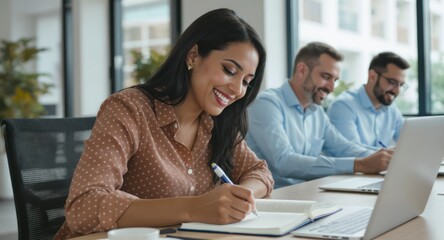 Obraz premium Smiling woman writes in notebook with coworkers nearby