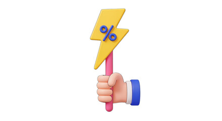 Discount sale promotion offer lightning bolt hand holding percentage symbol for marketing and advertising on transparent background