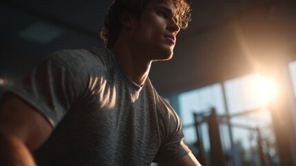 Fototapeta premium Focused Athlete Training in Gym With Sunrise Lighting the Background Scene. A determined athlete during a strength workout in the gym at sunrise, radiating focus.