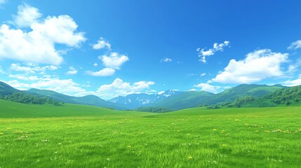 Obraz premium Serene landscape of rolling green hills under a vibrant blue sky dotted with fluffy white clouds. Mountain peaks in the distance