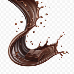 realistic 3d chocolate fluid splash flow with drops, bubbles  in curve style isolated on transparent background