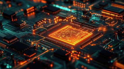 Fototapeta premium Close-up of a glowing circuit board with central processor (1)