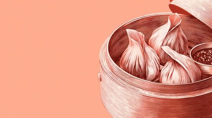 Steamed dumplings in a wooden basket, soft pastel colors