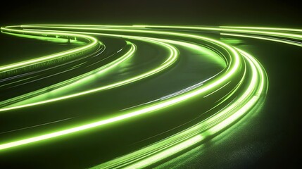 Abstract neon green light trails on a dark surface