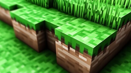 Pixelated grassy terrain with cubic blocks, showcasing digital landscape design in vibrant green and brown hues