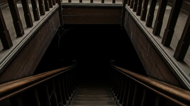 Descending Wooden Staircase into Darkness with Cobwebs in an Old House