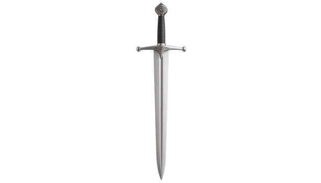 Silver sword or rapier with a long, narrow blade and detailed hilt design, isolated on a white background. PNG file format