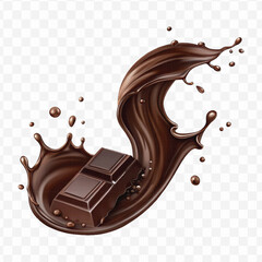 realistic 3d chocolate fluid splash flow with drops, bubbles  in curve style isolated on transparent background