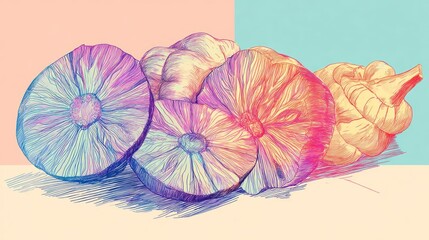 Vibrant colorful still life of sliced root vegetables