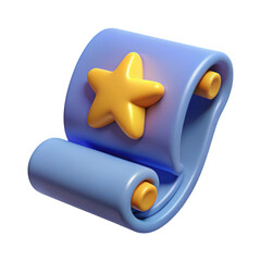 3d blue scroll with yellow star isolated on transparent background