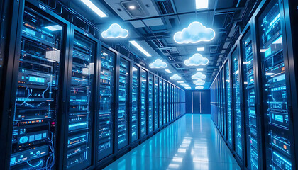 Modern Data Center with Glowing Server Racks and Cloud Icons – Cloud Computing and Digital Infrastructure Concept