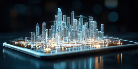 Engineer architect tablet concept. Digital city skyline model displayed on a tablet with illuminated outlines against a blurred background.
