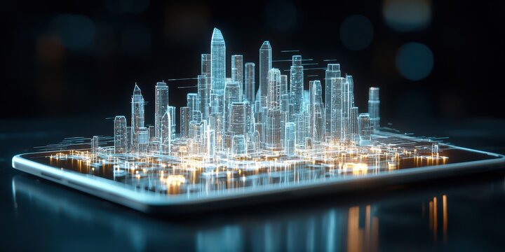 Engineer architect tablet concept. Digital city skyline model displayed on a tablet with illuminated outlines against a blurred background.