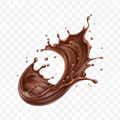 realistic 3d chocolate fluid splash flow with drops, bubbles  in curve style isolated on transparent background