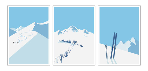Modern retro ski posters, snowboard art prints