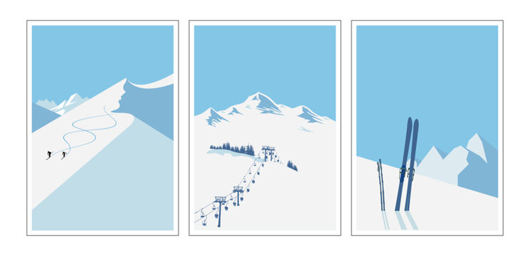 Modern retro ski posters, snowboard art prints