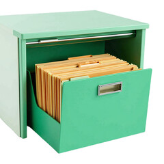 Hanging file folder green office cabinet storage isolated, Document management insert object, Metal rail detail, Filing organizer component