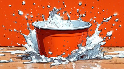 Milk splashing out of red cup on wet table, orange backdrop