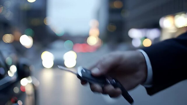 Hand Holding Car Keys with Black Suit in Blurred Cityscape Under Evening Light