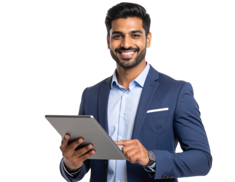 Indian Tech Executive Holding Tablet, Business Casual Attire, transparent