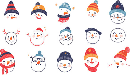 Collection of Cute Hand Drawn Snowman Faces for Winter Holiday Designs