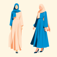 Two women in elegant, modern hijab fashion, one in blue and beige, the other in blue and peach.