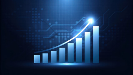 Growing business graph with glowing peak and technology background