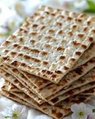 Fototapeta premium Stack of matzah squares on cloth near white blossoms